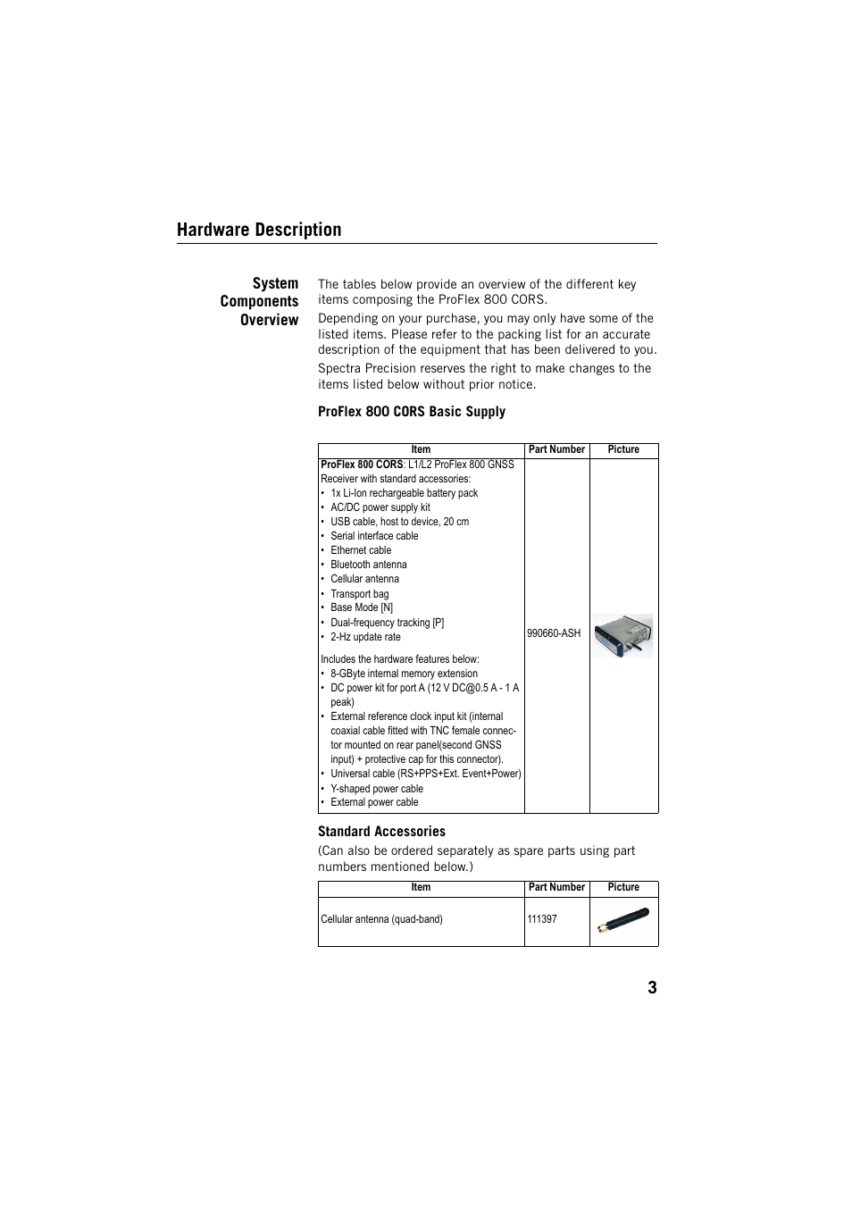 Hardware description, System components overview, Proflex 800 cors basic supply | Standard accessories, Proflex 800 cors basic supply standard accessories | Spectra Precision ProFlex 800 CORS User Manual | Page 7 / 64