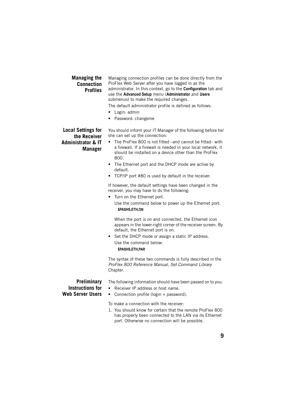 Managing the connection profiles, Preliminary instructions for web server users | Spectra Precision ProFlex 800 Web Server User Manual | Page 13 / 64