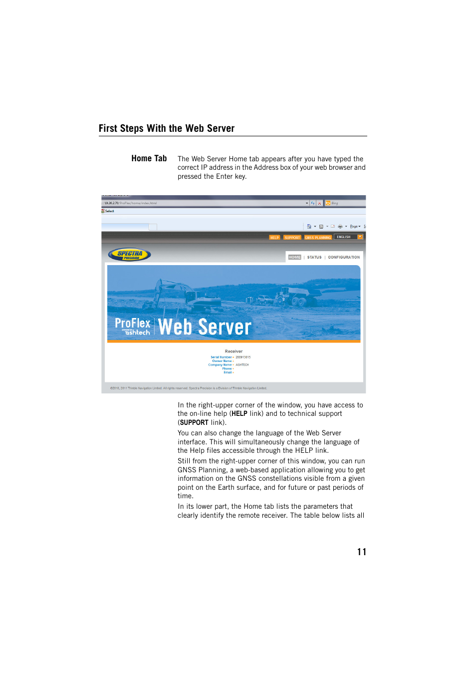 First steps with the web server, Home tab | Spectra Precision ProFlex 800 Web Server User Manual | Page 15 / 64
