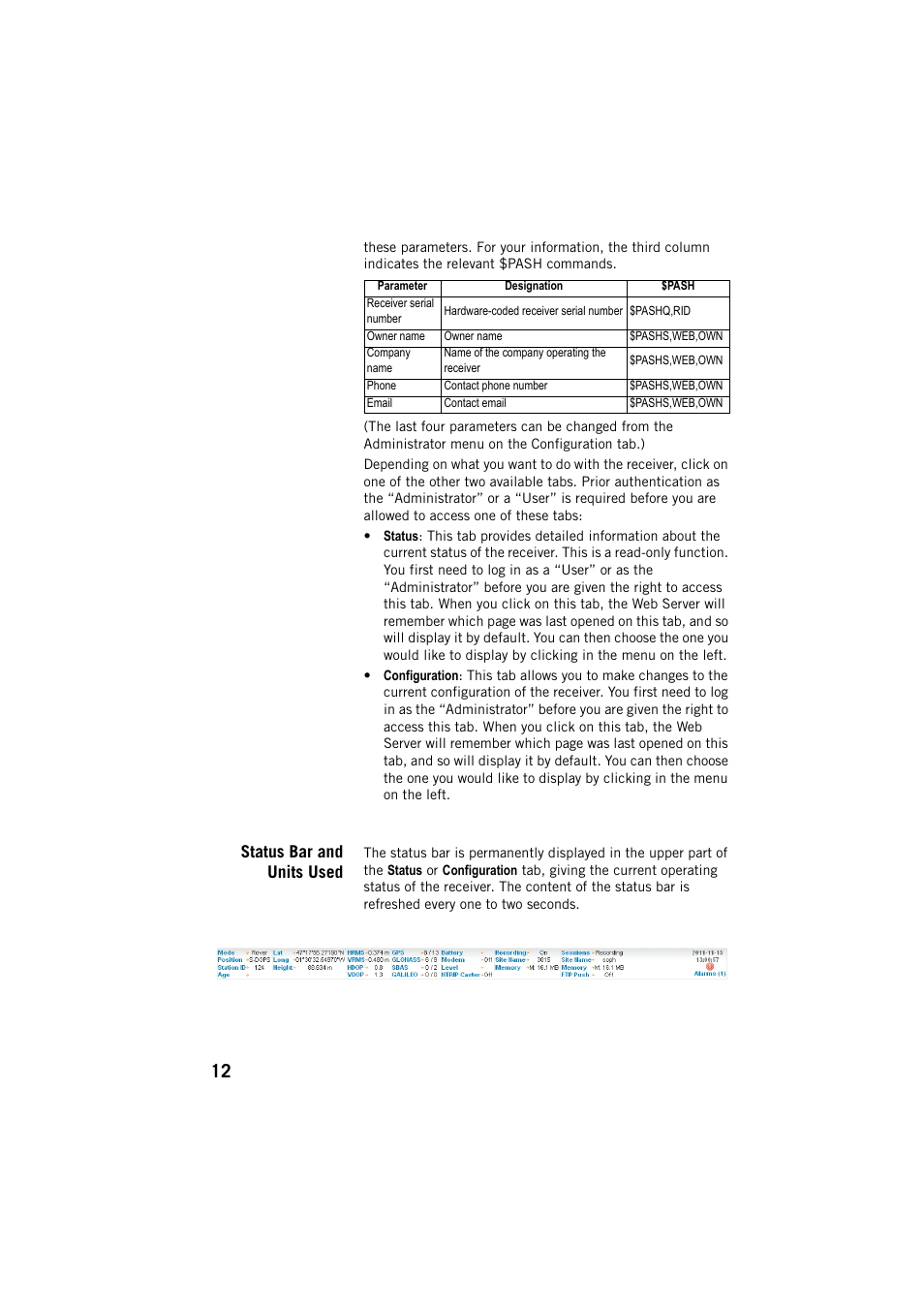 Status bar and units used | Spectra Precision ProFlex 800 Web Server User Manual | Page 16 / 64