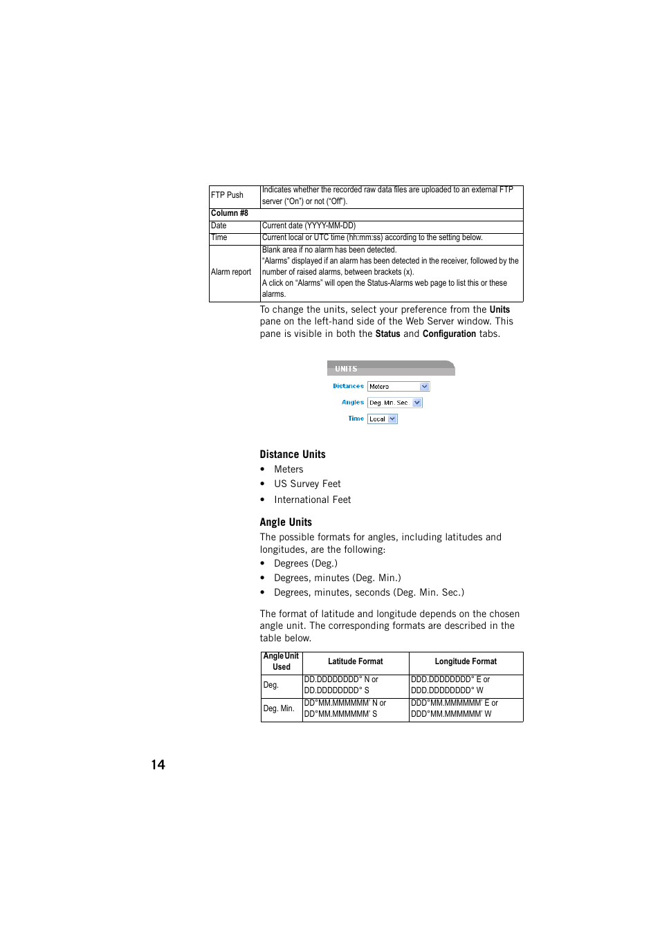 Distance units, Angle units, Distance units angle units | Spectra Precision ProFlex 800 Web Server User Manual | Page 18 / 64