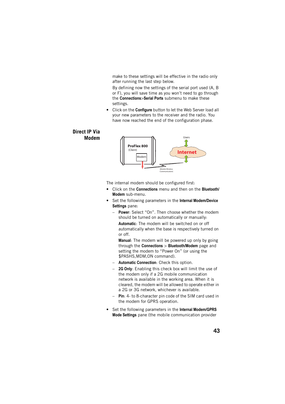 Direct ip via modem | Spectra Precision ProFlex 800 Web Server User Manual | Page 47 / 64