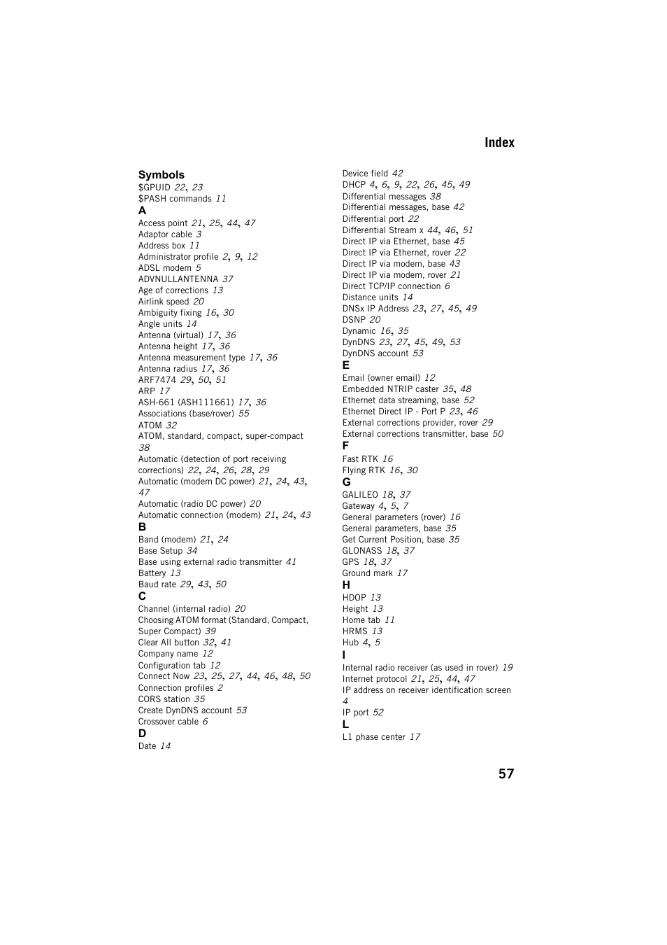 Index, 57 index | Spectra Precision ProFlex 800 Web Server User Manual | Page 61 / 64