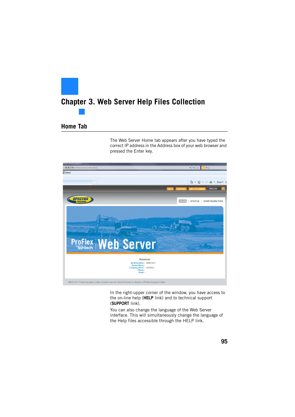 Web server help files collection, Home tab, Chapter 3. web server help files collection | Spectra Precision ProFlex 800 Reference Manual User Manual | Page 109 / 748
