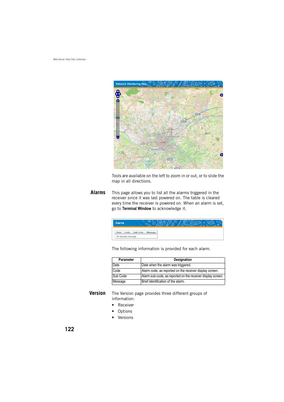 Alarms, Version | Spectra Precision ProFlex 800 Reference Manual User Manual | Page 136 / 748