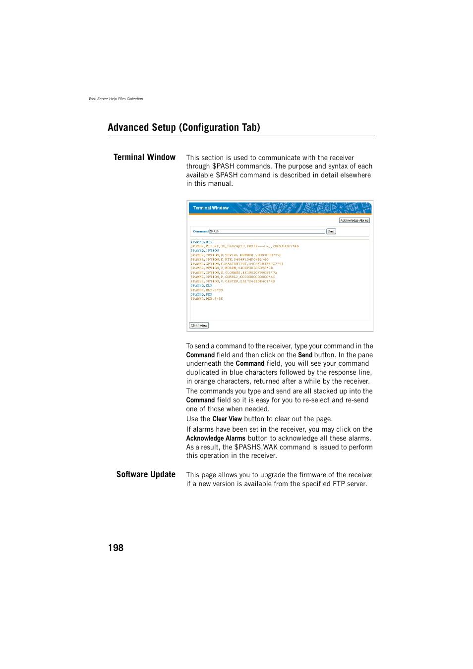 Advanced setup (configuration tab), Terminal window, Software update | Spectra Precision ProFlex 800 Reference Manual User Manual | Page 212 / 748