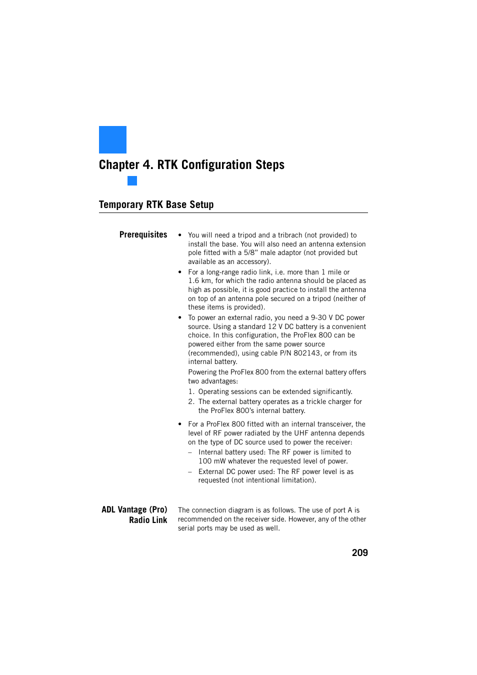 Backpack land surveying, Rtk configuration steps, Temporary rtk base setup | Prerequisites, Adl vantage (pro) radio link, Chapter 4. rtk configuration steps | Spectra Precision ProFlex 800 Reference Manual User Manual | Page 223 / 748