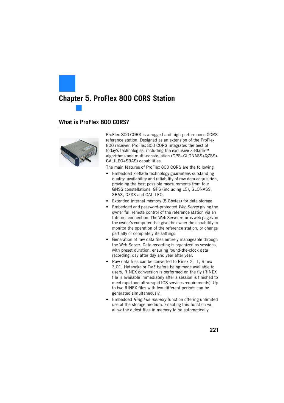 Cors station, What is proflex 800 cors, Chapter 5. proflex 800 cors station | Spectra Precision ProFlex 800 Reference Manual User Manual | Page 235 / 748