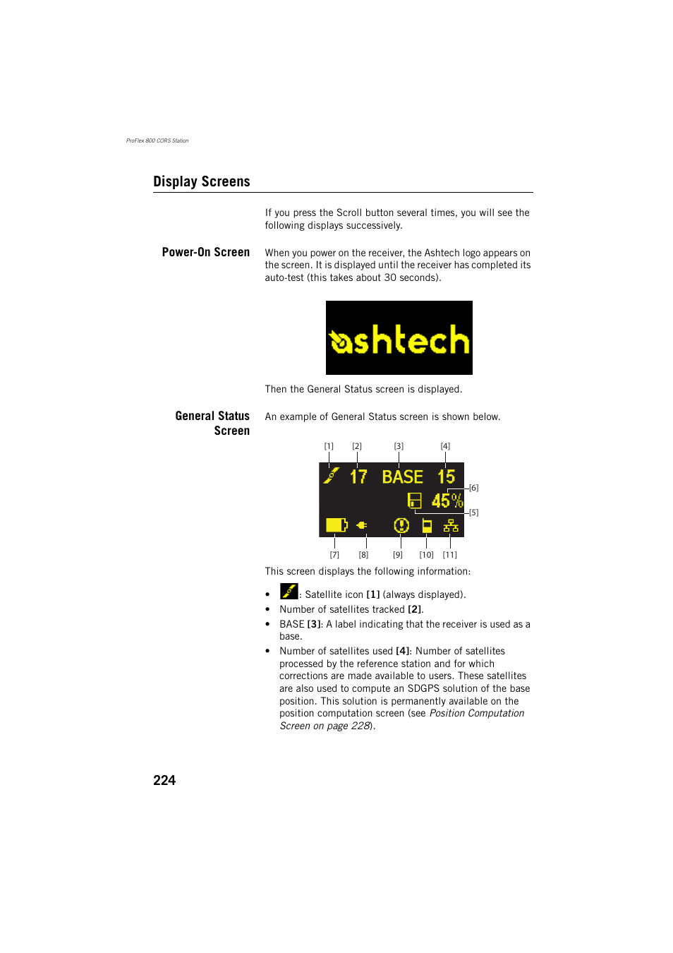 Display screens, Power-on screen, General status screen | Spectra Precision ProFlex 800 Reference Manual User Manual | Page 238 / 748
