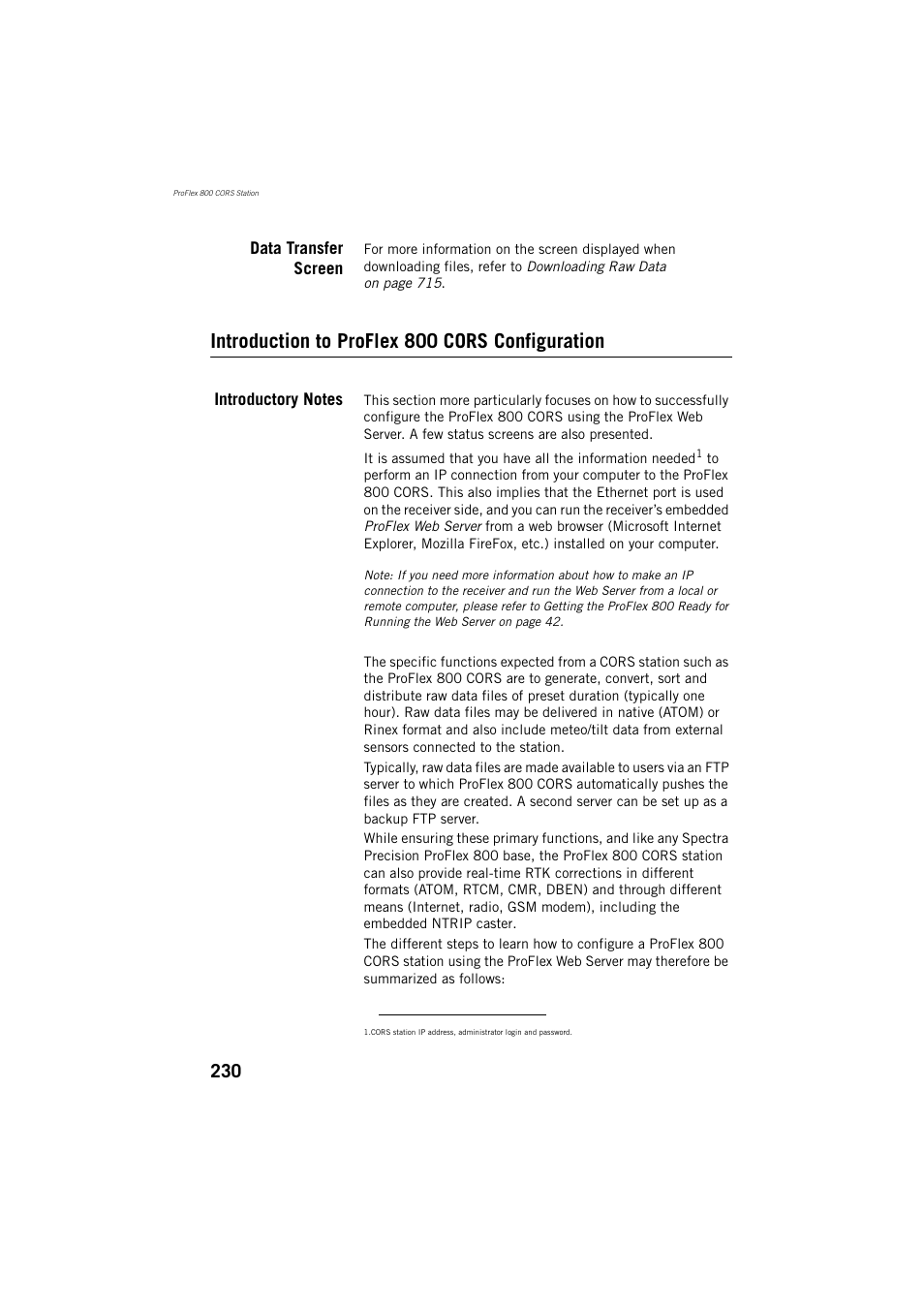 Data transfer screen, Introduction to proflex 800 cors configuration, Introductory notes | Spectra Precision ProFlex 800 Reference Manual User Manual | Page 244 / 748