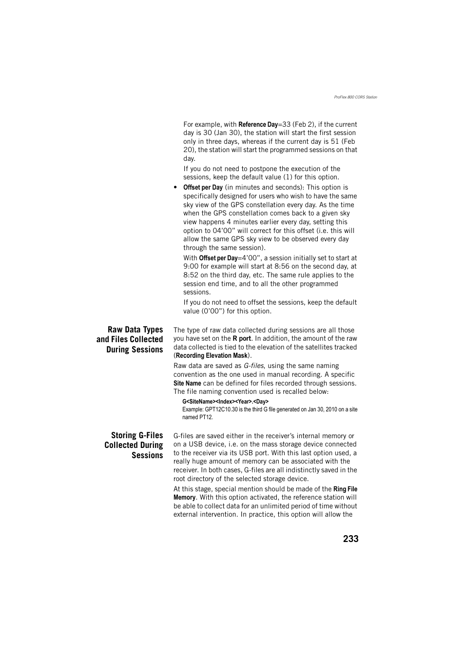 Raw data types and files collected during sessions, Storing g-files collected during sessions | Spectra Precision ProFlex 800 Reference Manual User Manual | Page 247 / 748