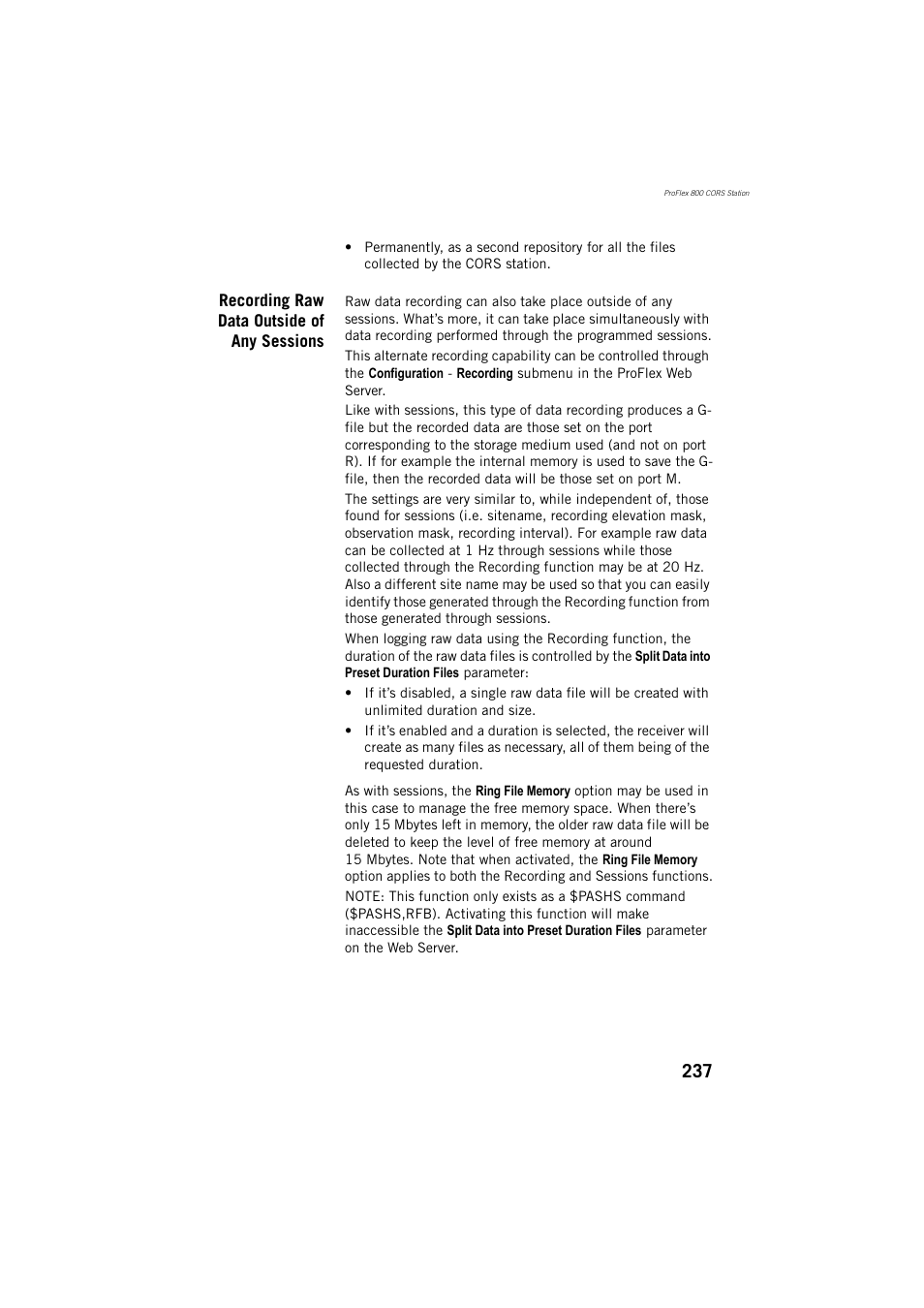 Recording raw data outside of any sessions | Spectra Precision ProFlex 800 Reference Manual User Manual | Page 251 / 748