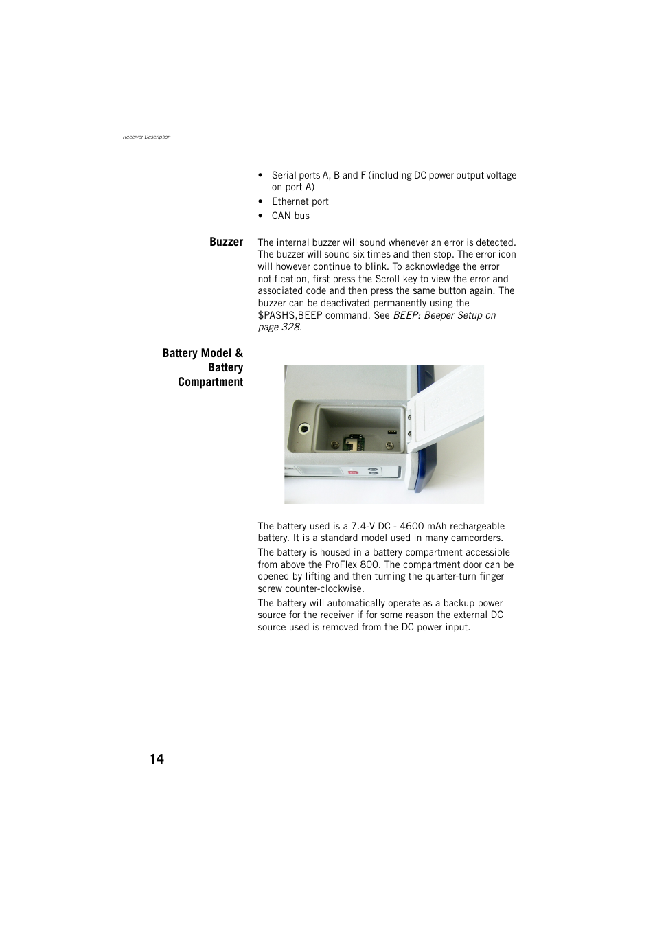 Buzzer, Battery model & battery compartment | Spectra Precision ProFlex 800 Reference Manual User Manual | Page 28 / 748