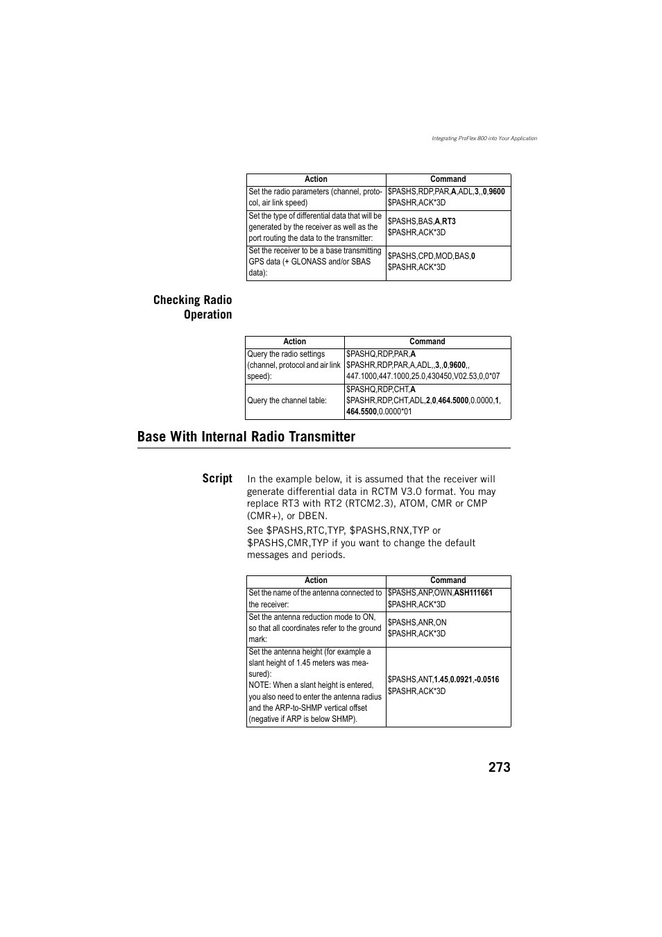Checking radio operation, Base with internal radio transmitter, Script | Spectra Precision ProFlex 800 Reference Manual User Manual | Page 287 / 748