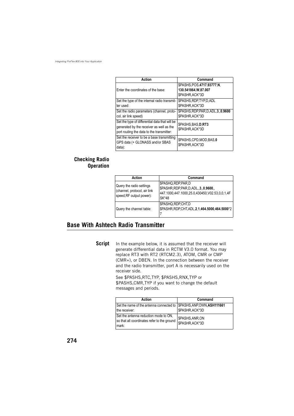 Checking radio operation, Base with ashtech radio transmitter, Script | Spectra Precision ProFlex 800 Reference Manual User Manual | Page 288 / 748