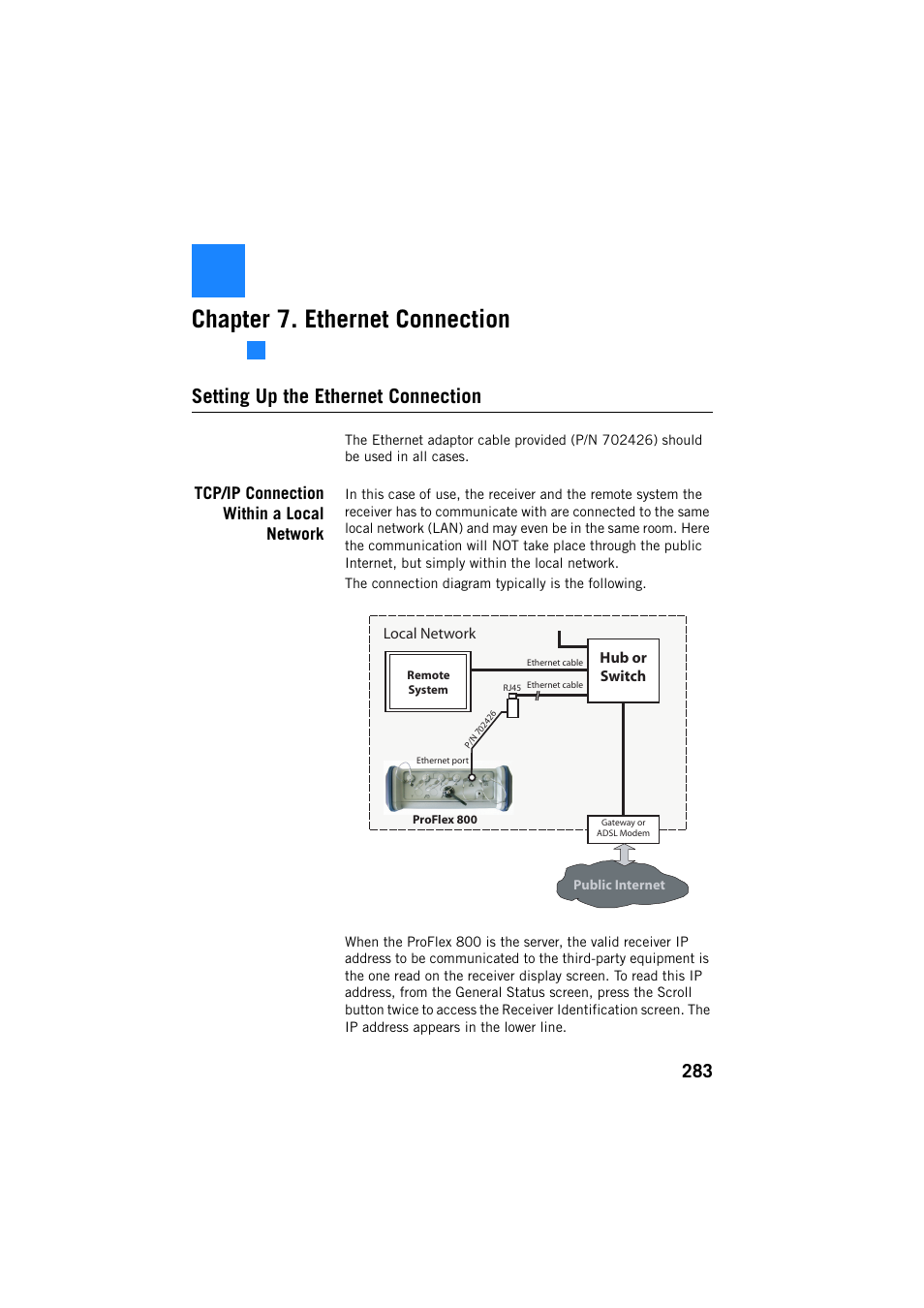 Ethernet connection, Setting up the ethernet connection, Tcp/ip connection within a local network | Chapter 7. ethernet connection | Spectra Precision ProFlex 800 Reference Manual User Manual | Page 297 / 748
