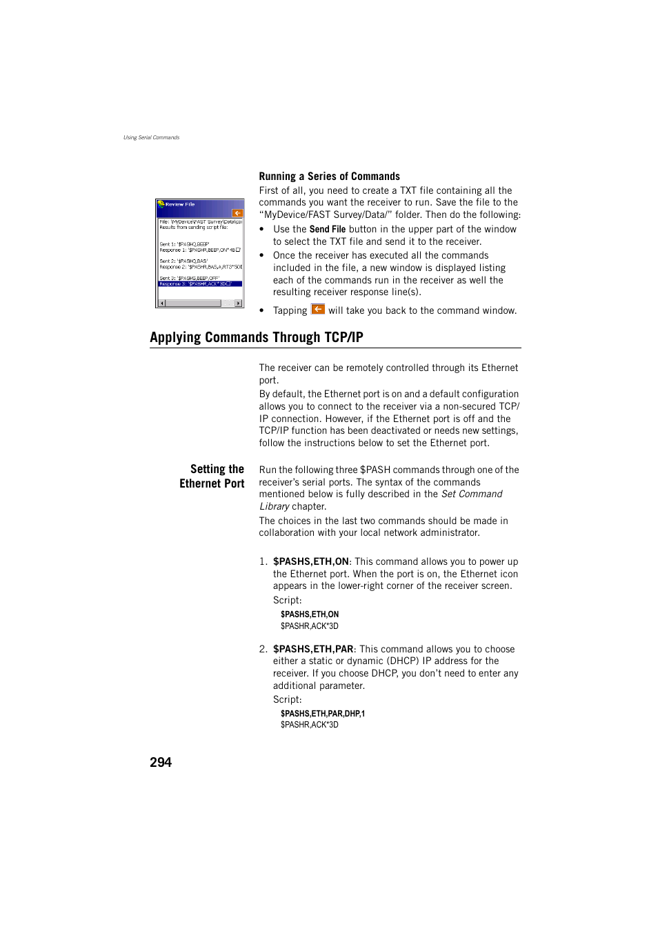 Applying commands through tcp/ip, Setting the ethernet port | Spectra Precision ProFlex 800 Reference Manual User Manual | Page 308 / 748