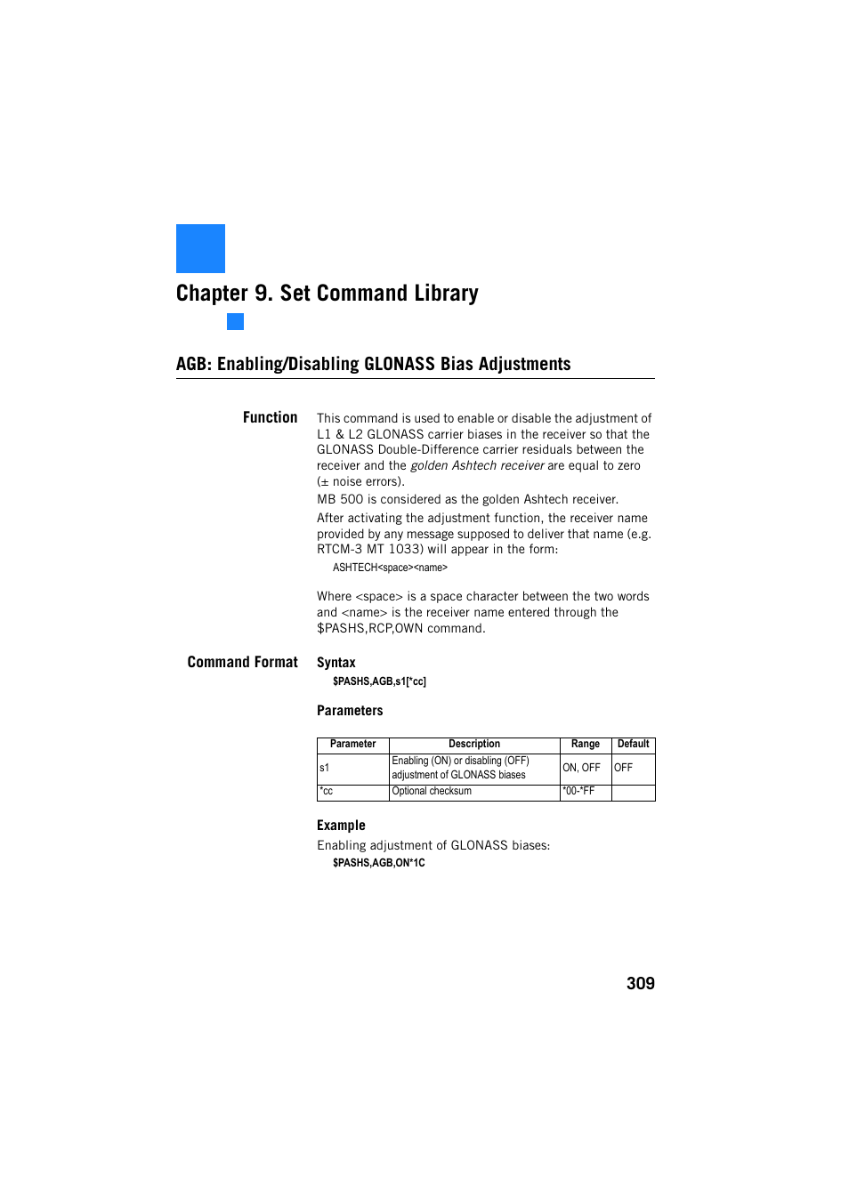 Set command library, Agb: enabling/disabling glonass bias adjustments, Function | Command format, Chapter 9. set command library | Spectra Precision ProFlex 800 Reference Manual User Manual | Page 323 / 748