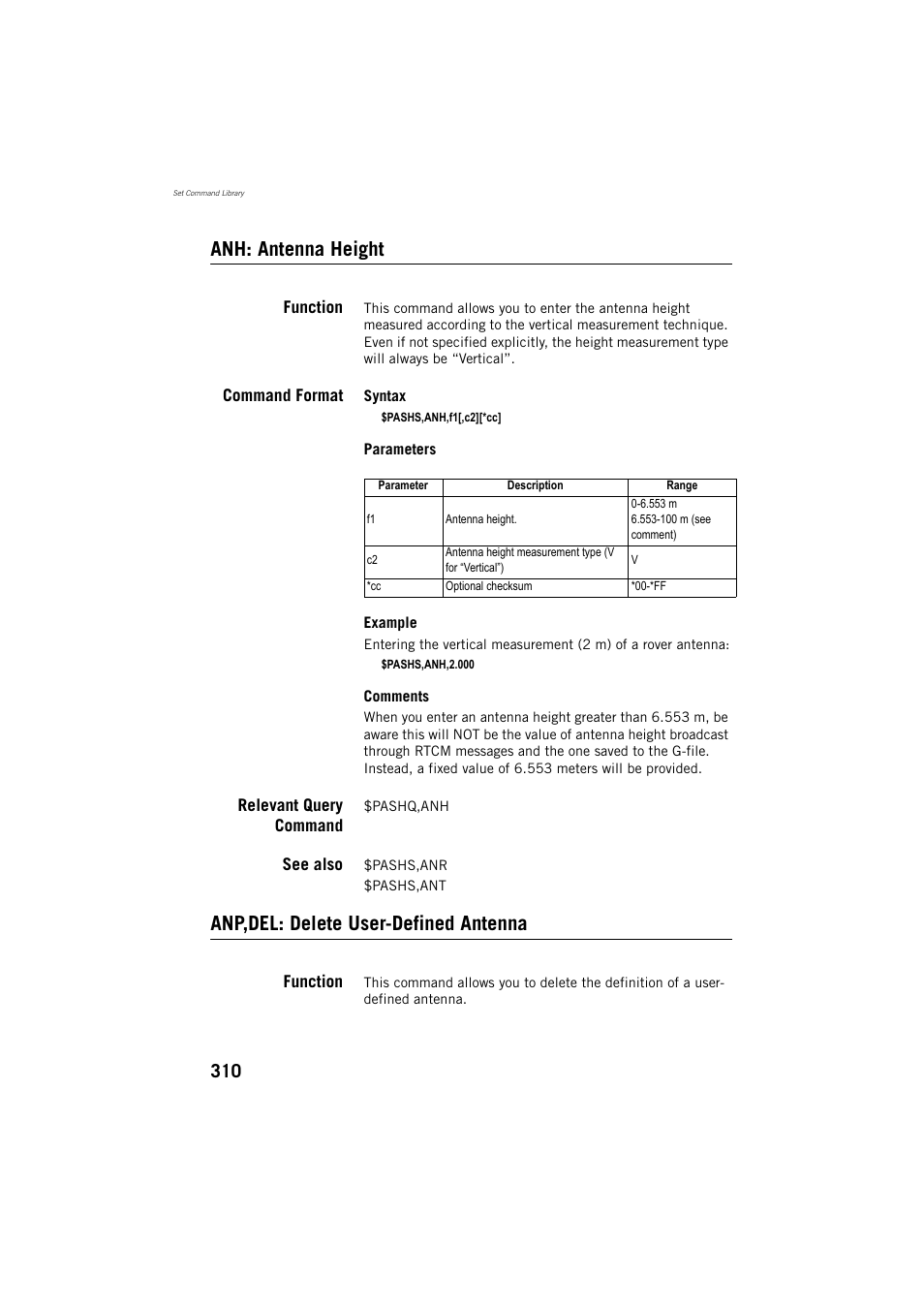 Anh: antenna height, Function, Command format | Relevant query command, See also, Anp,del: delete user-defined antenna | Spectra Precision ProFlex 800 Reference Manual User Manual | Page 324 / 748