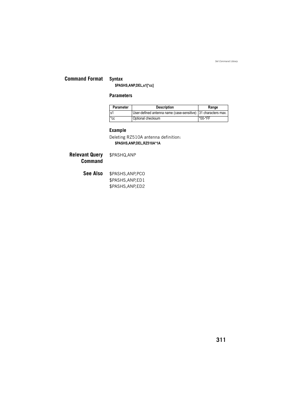 Command format, Relevant query command, See also | Spectra Precision ProFlex 800 Reference Manual User Manual | Page 325 / 748