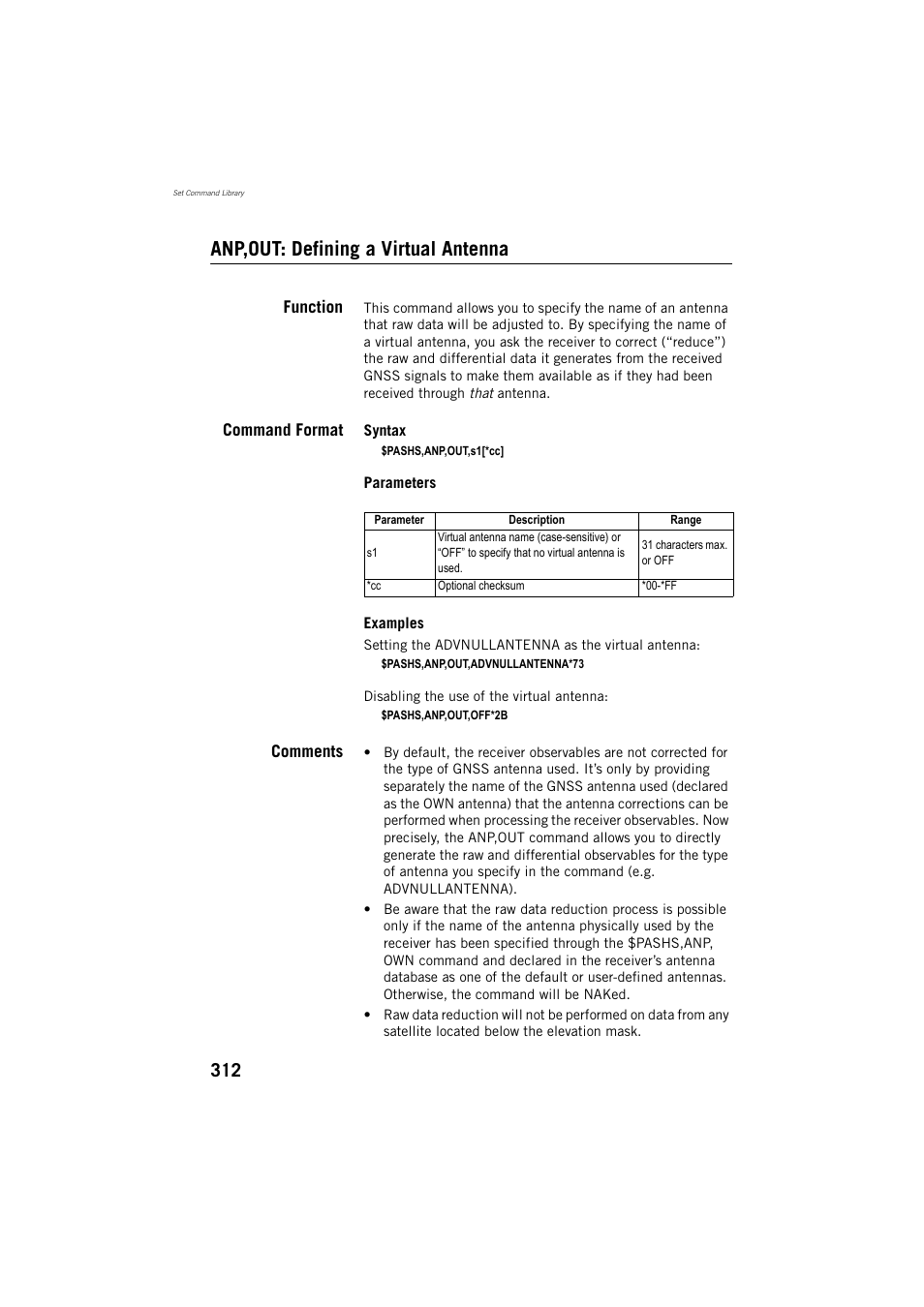 Anp,out: defining a virtual antenna, Function, Command format | Comments | Spectra Precision ProFlex 800 Reference Manual User Manual | Page 326 / 748