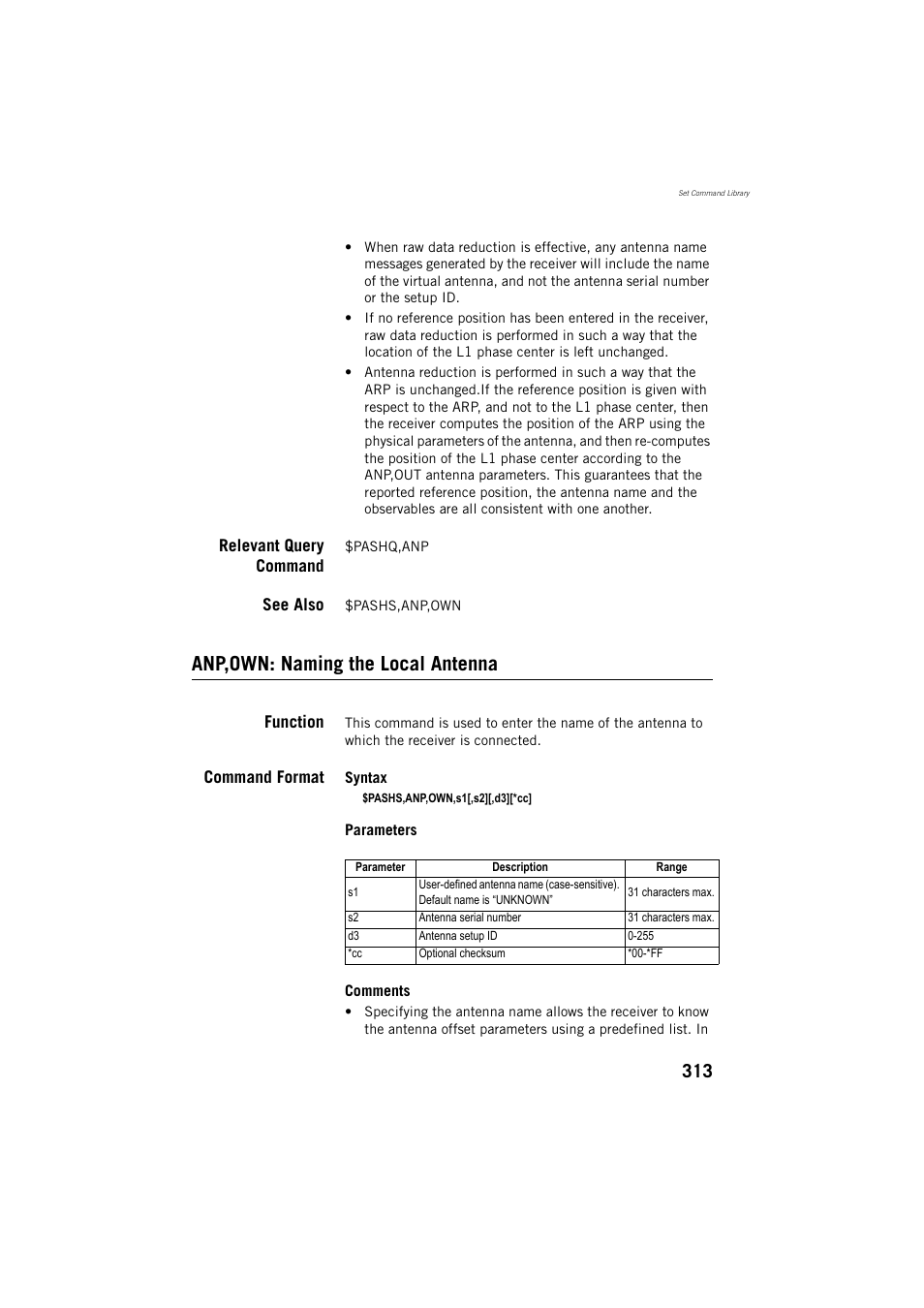 Relevant query command, See also, Anp,own: naming the local antenna | Function, Command format | Spectra Precision ProFlex 800 Reference Manual User Manual | Page 327 / 748