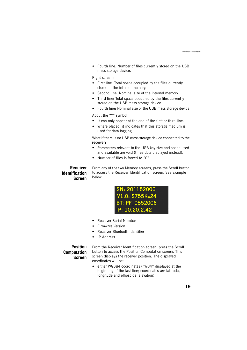 Receiver identification screen, Position computation screen | Spectra Precision ProFlex 800 Reference Manual User Manual | Page 33 / 748
