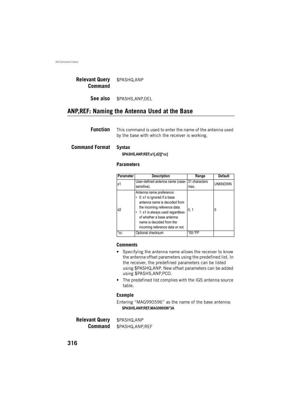 Relevant query command, See also, Anp,ref: naming the antenna used at the base | Function, Command format | Spectra Precision ProFlex 800 Reference Manual User Manual | Page 330 / 748