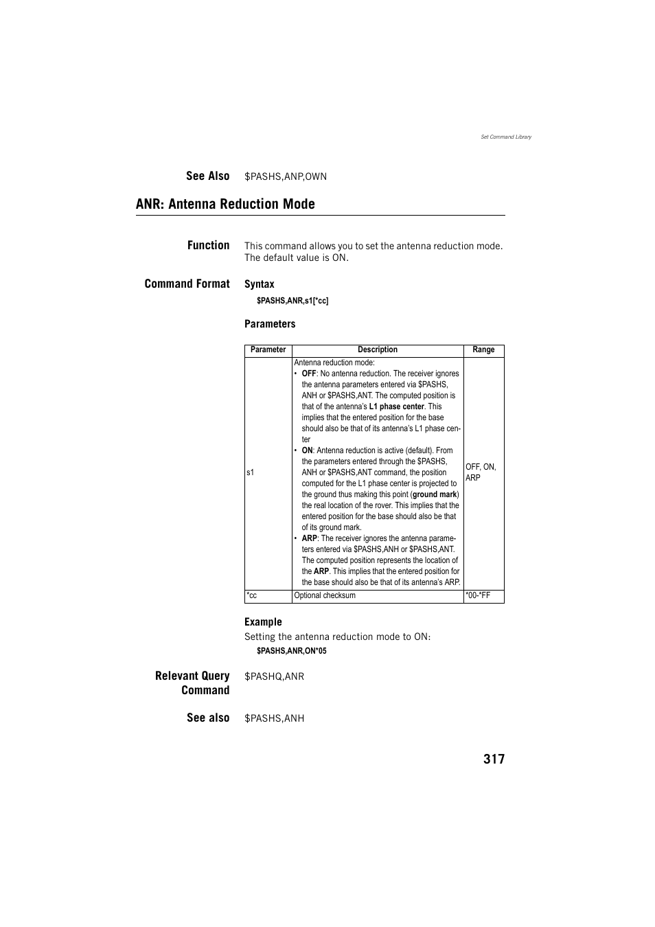 See also, Anr: antenna reduction mode, Function | Command format, Relevant query command | Spectra Precision ProFlex 800 Reference Manual User Manual | Page 331 / 748