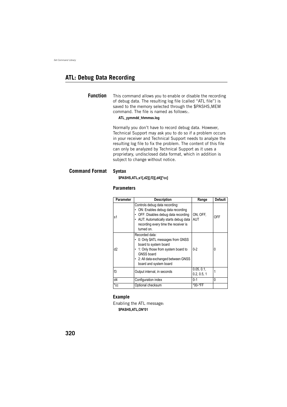 Atl: debug data recording, Function, Command format | Spectra Precision ProFlex 800 Reference Manual User Manual | Page 334 / 748