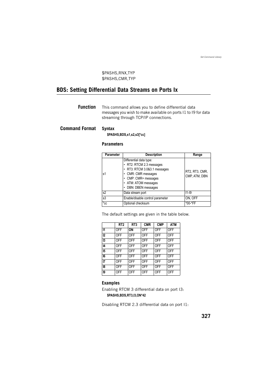 Bds: setting differential data streams on ports ix, Function, Command format | Spectra Precision ProFlex 800 Reference Manual User Manual | Page 341 / 748