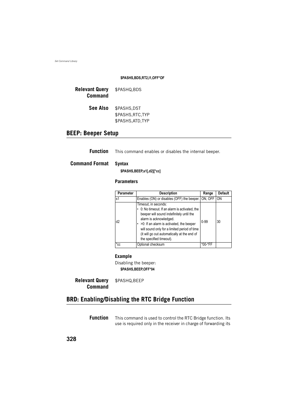 Relevant query command, See also, Beep: beeper setup | Function, Command format, Brd: enabling/disabling the rtc bridge function | Spectra Precision ProFlex 800 Reference Manual User Manual | Page 342 / 748