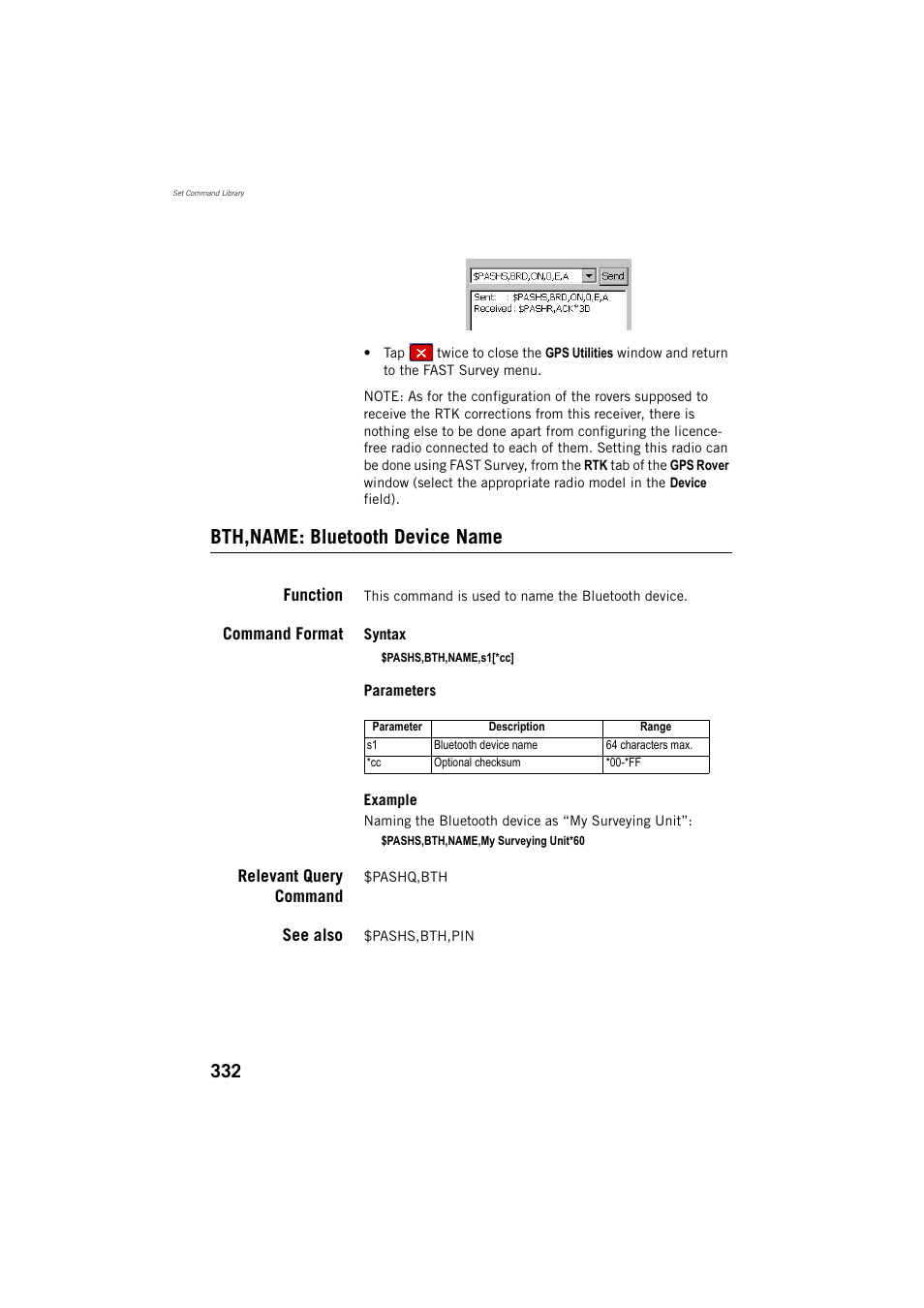 Bth,name: bluetooth device name, Function, Command format | Relevant query command, See also | Spectra Precision ProFlex 800 Reference Manual User Manual | Page 346 / 748