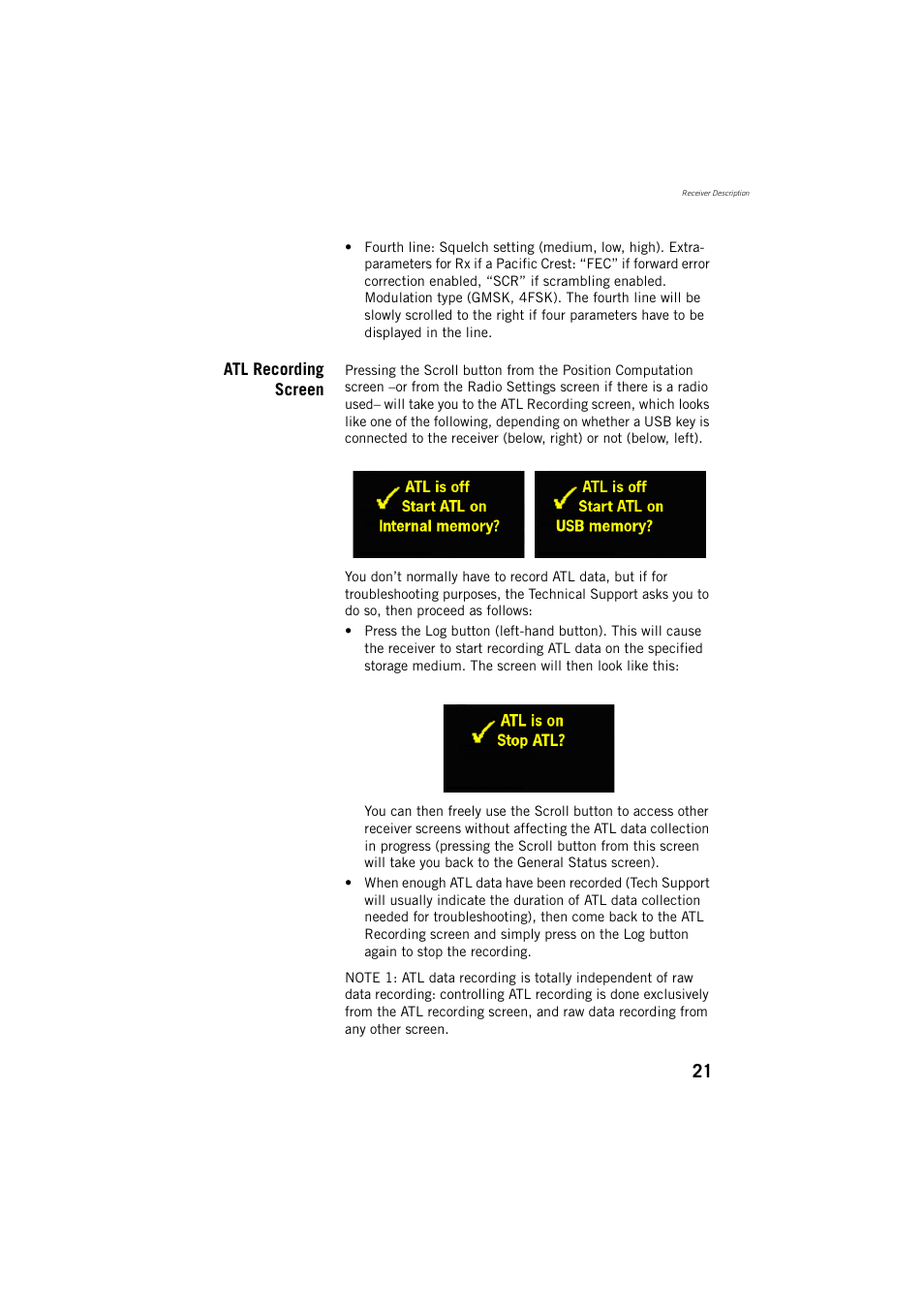Atl recording screen | Spectra Precision ProFlex 800 Reference Manual User Manual | Page 35 / 748