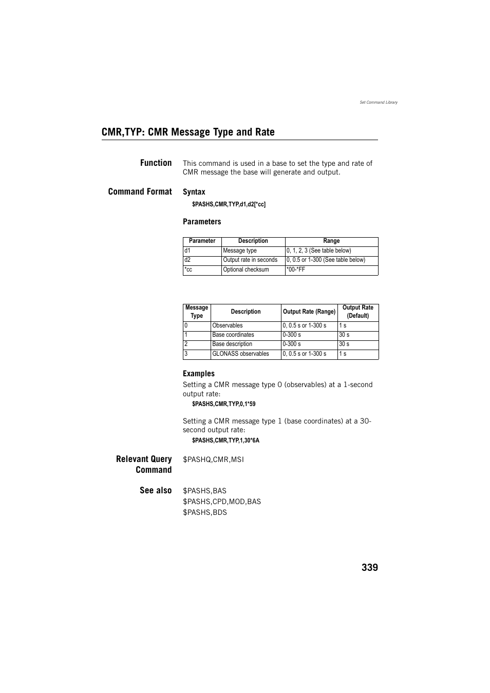Cmr,typ: cmr message type and rate, Function, Command format | Relevant query command, See also | Spectra Precision ProFlex 800 Reference Manual User Manual | Page 353 / 748