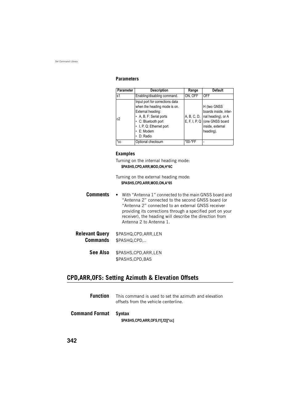Comments, Relevant query commands, See also | Cpd,arr,ofs: setting azimuth & elevation offsets, Function, Command format | Spectra Precision ProFlex 800 Reference Manual User Manual | Page 356 / 748