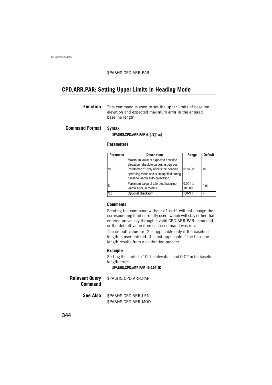 Cpd,arr,par: setting upper limits in heading mode, Function, Command format | Relevant query command, See also | Spectra Precision ProFlex 800 Reference Manual User Manual | Page 358 / 748