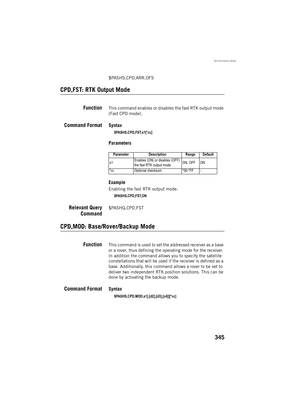 Cpd,fst: rtk output mode, Function, Command format | Relevant query command, Cpd,mod: base/rover/backup mode | Spectra Precision ProFlex 800 Reference Manual User Manual | Page 359 / 748