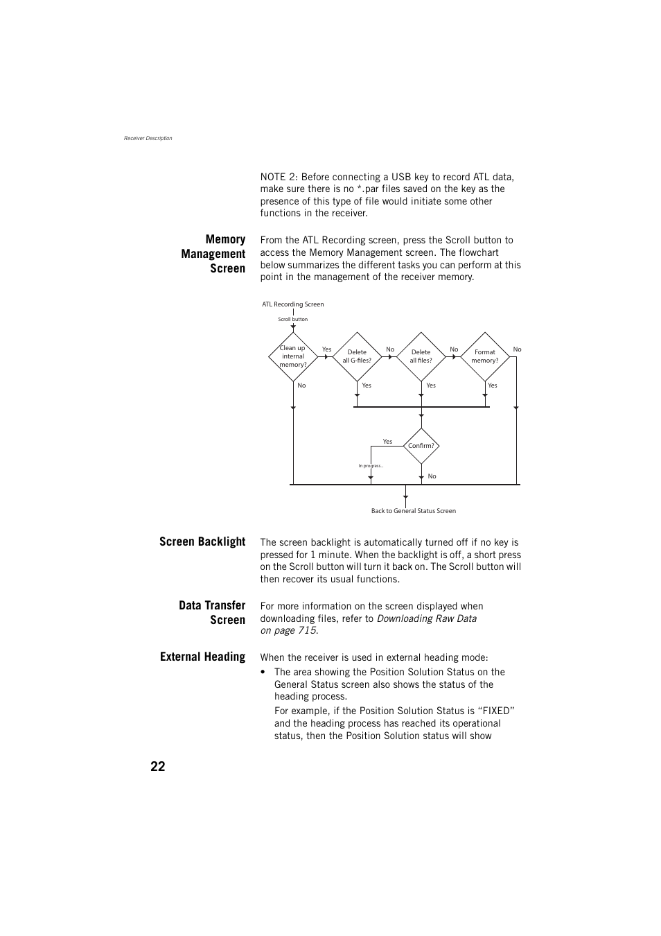 Memory management screen, Screen backlight, Data transfer screen | External heading | Spectra Precision ProFlex 800 Reference Manual User Manual | Page 36 / 748