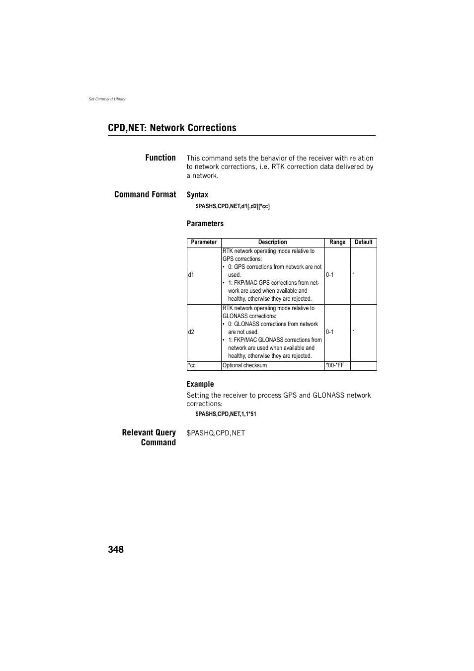 Cpd,net: network corrections, Function, Command format | Relevant query command | Spectra Precision ProFlex 800 Reference Manual User Manual | Page 362 / 748