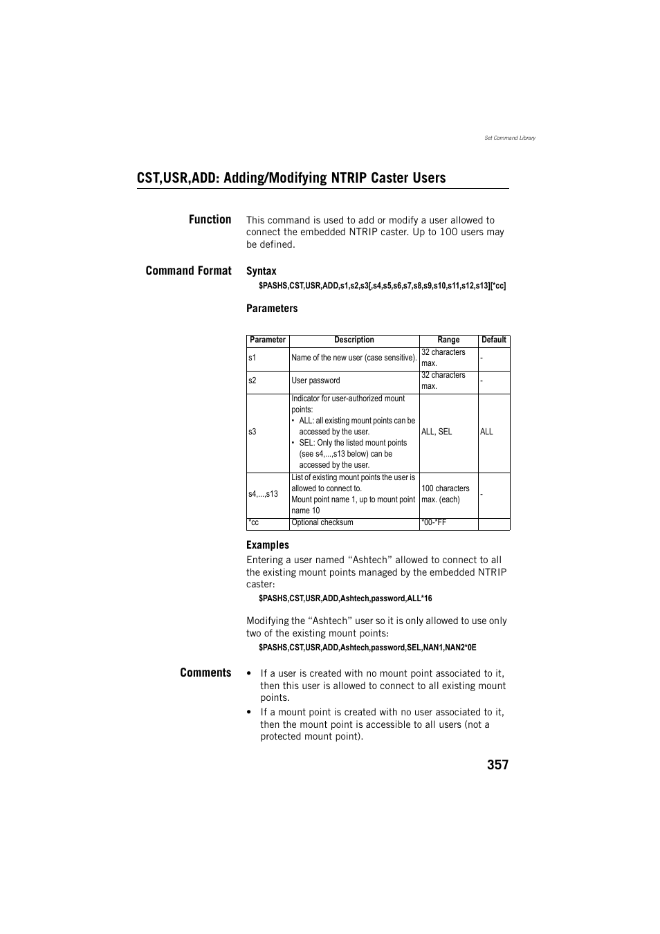 Cst,usr,add: adding/modifying ntrip caster users, Function, Command format | Comments | Spectra Precision ProFlex 800 Reference Manual User Manual | Page 371 / 748