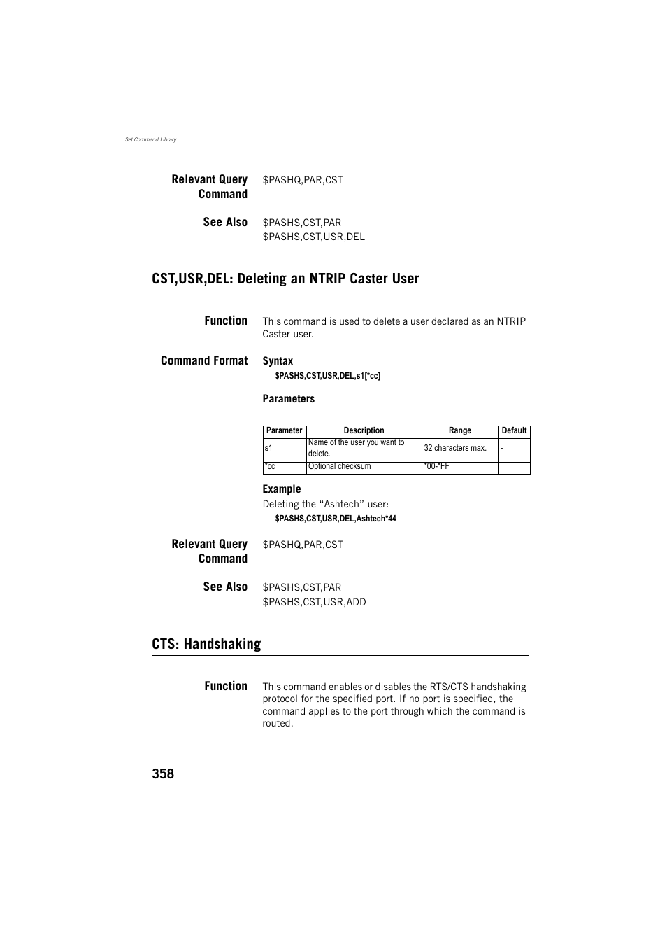 Relevant query command, See also, Cst,usr,del: deleting an ntrip caster user | Function, Command format, Cts: handshaking | Spectra Precision ProFlex 800 Reference Manual User Manual | Page 372 / 748