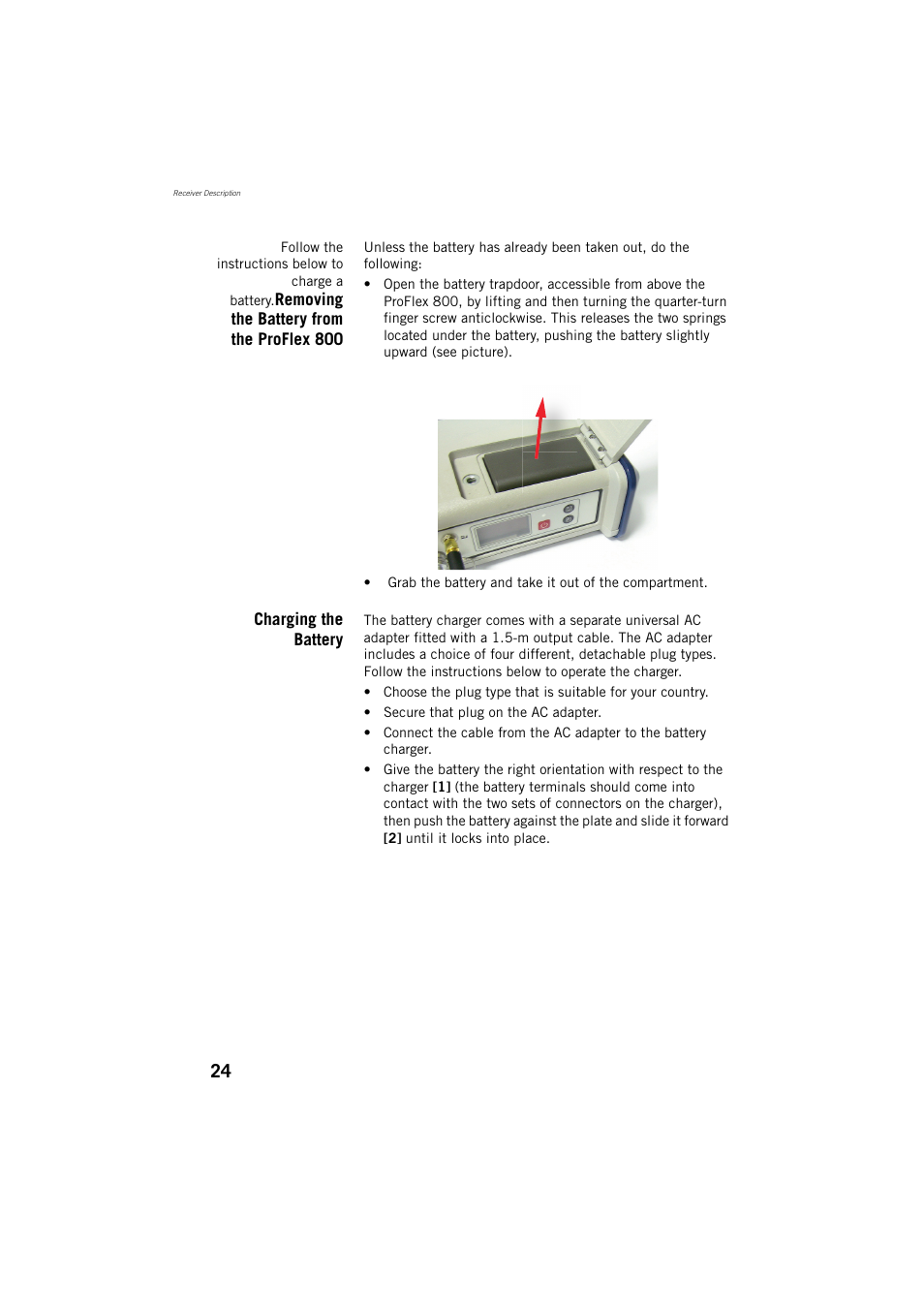 Removing the battery from the proflex 800, Charging the battery | Spectra Precision ProFlex 800 Reference Manual User Manual | Page 38 / 748