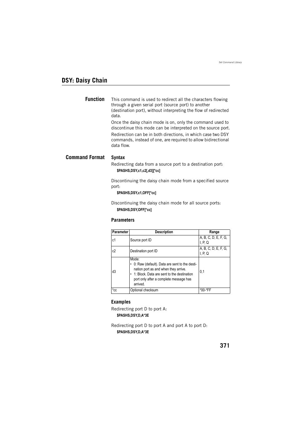Dsy: daisy chain, Function, Command format | Spectra Precision ProFlex 800 Reference Manual User Manual | Page 385 / 748