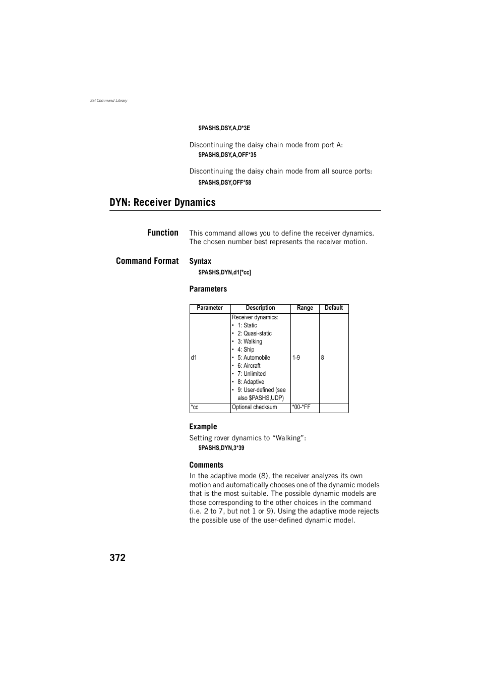 Dyn: receiver dynamics, Function, Command format | Spectra Precision ProFlex 800 Reference Manual User Manual | Page 386 / 748