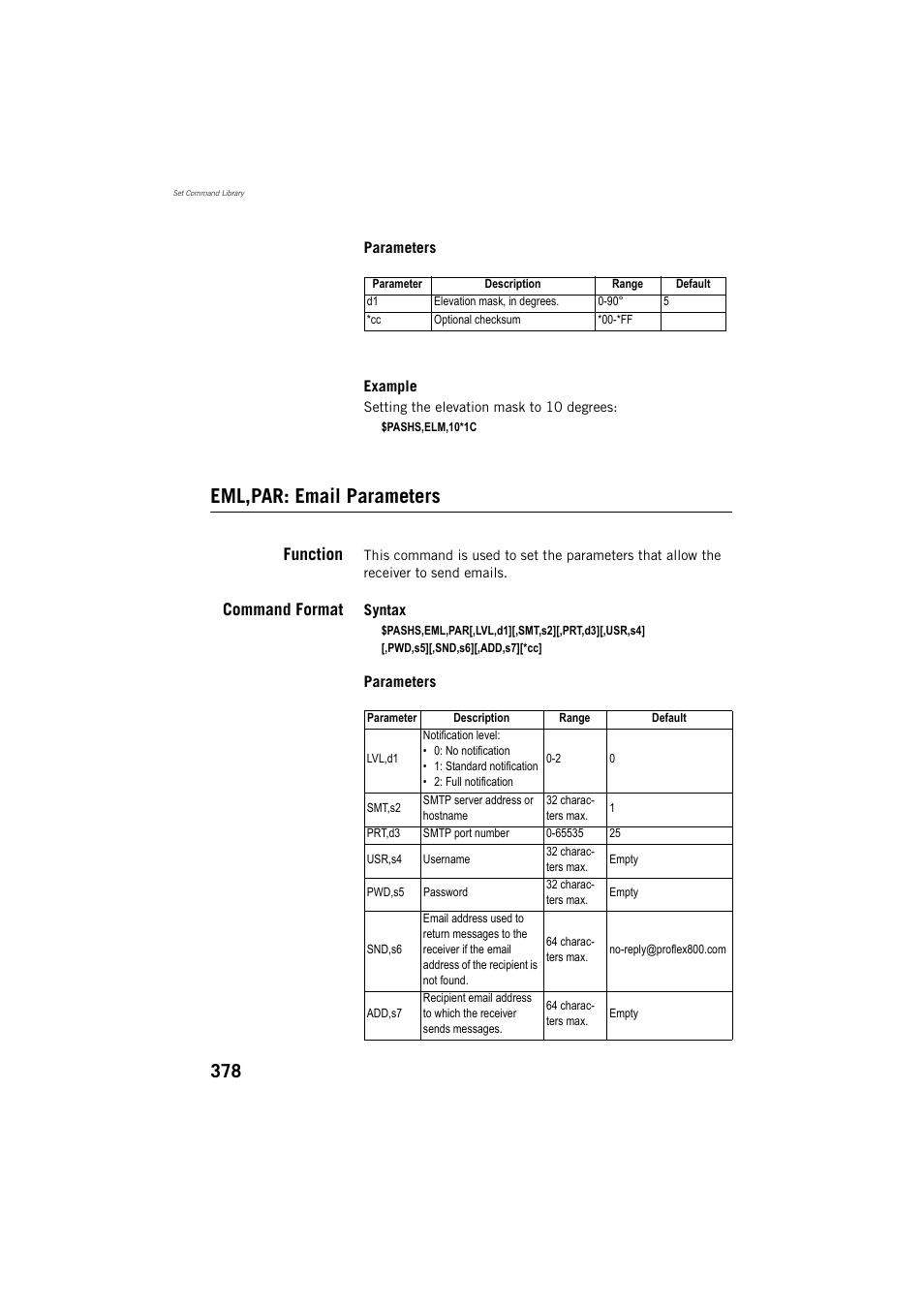 Eml,par: email parameters, Function, Command format | Spectra Precision ProFlex 800 Reference Manual User Manual | Page 392 / 748