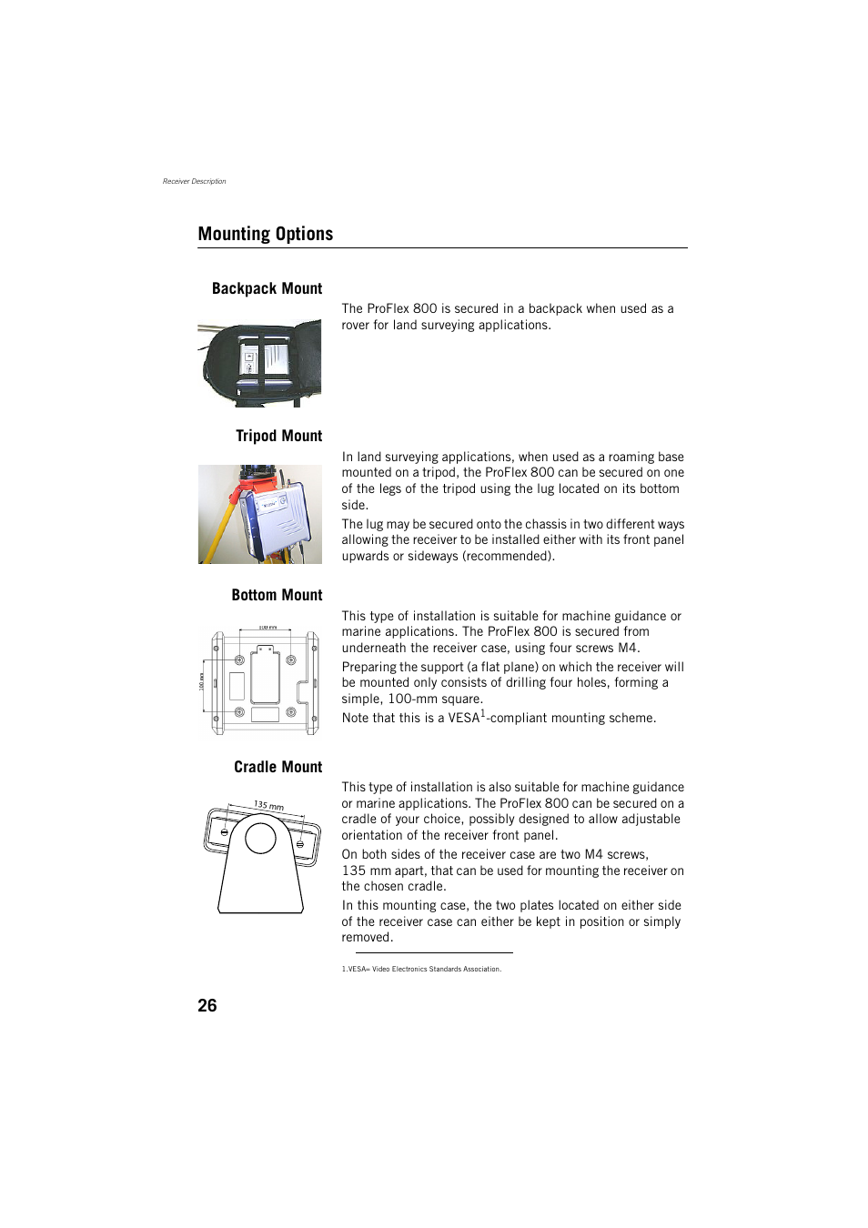 Mounting options, Backpack mount, Tripod mount | Bottom mount, Cradle mount | Spectra Precision ProFlex 800 Reference Manual User Manual | Page 40 / 748