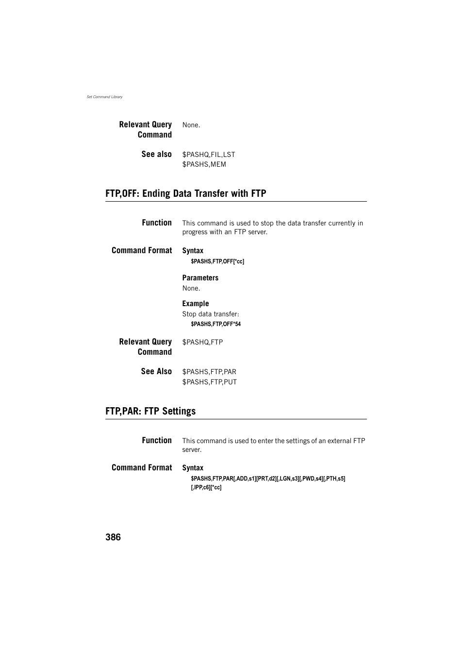 Relevant query command, See also, Ftp,off: ending data transfer with ftp | Function, Command format, Ftp,par: ftp settings | Spectra Precision ProFlex 800 Reference Manual User Manual | Page 400 / 748