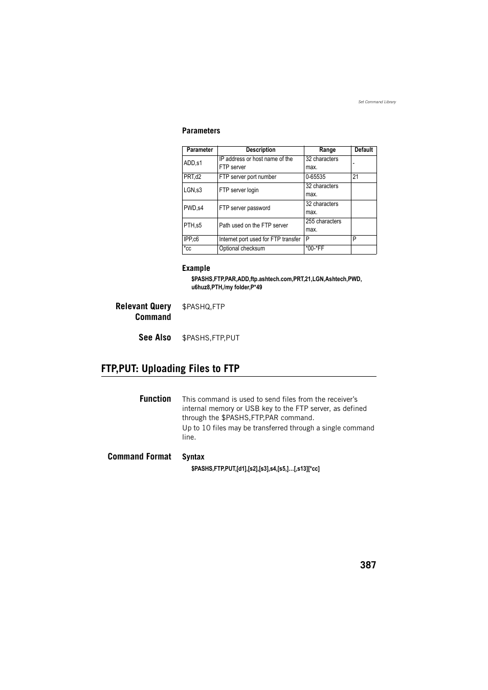 Relevant query command, See also, Ftp,put: uploading files to ftp | Function, Command format | Spectra Precision ProFlex 800 Reference Manual User Manual | Page 401 / 748