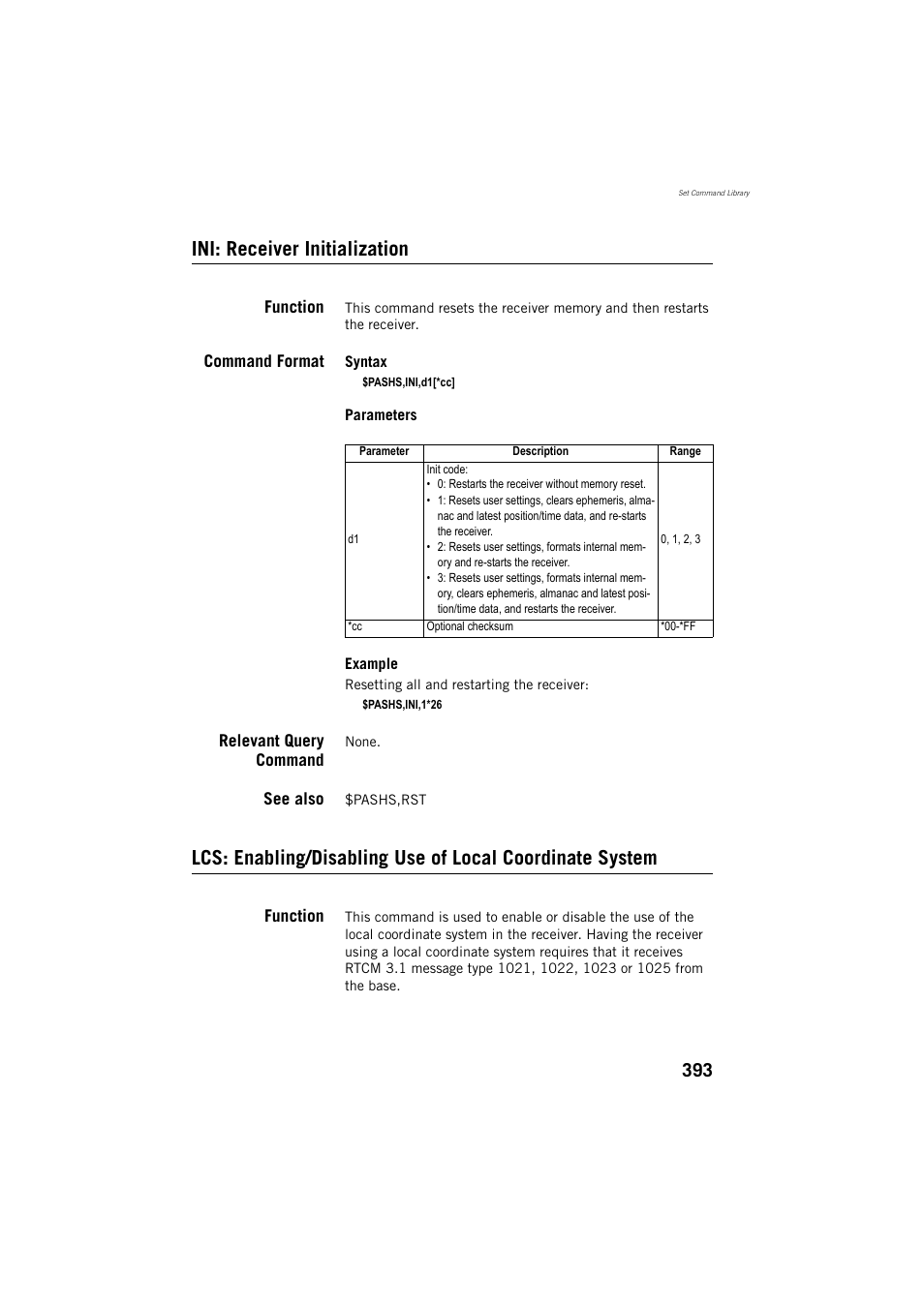 Ini: receiver initialization, Function, Command format | Relevant query command, See also | Spectra Precision ProFlex 800 Reference Manual User Manual | Page 407 / 748